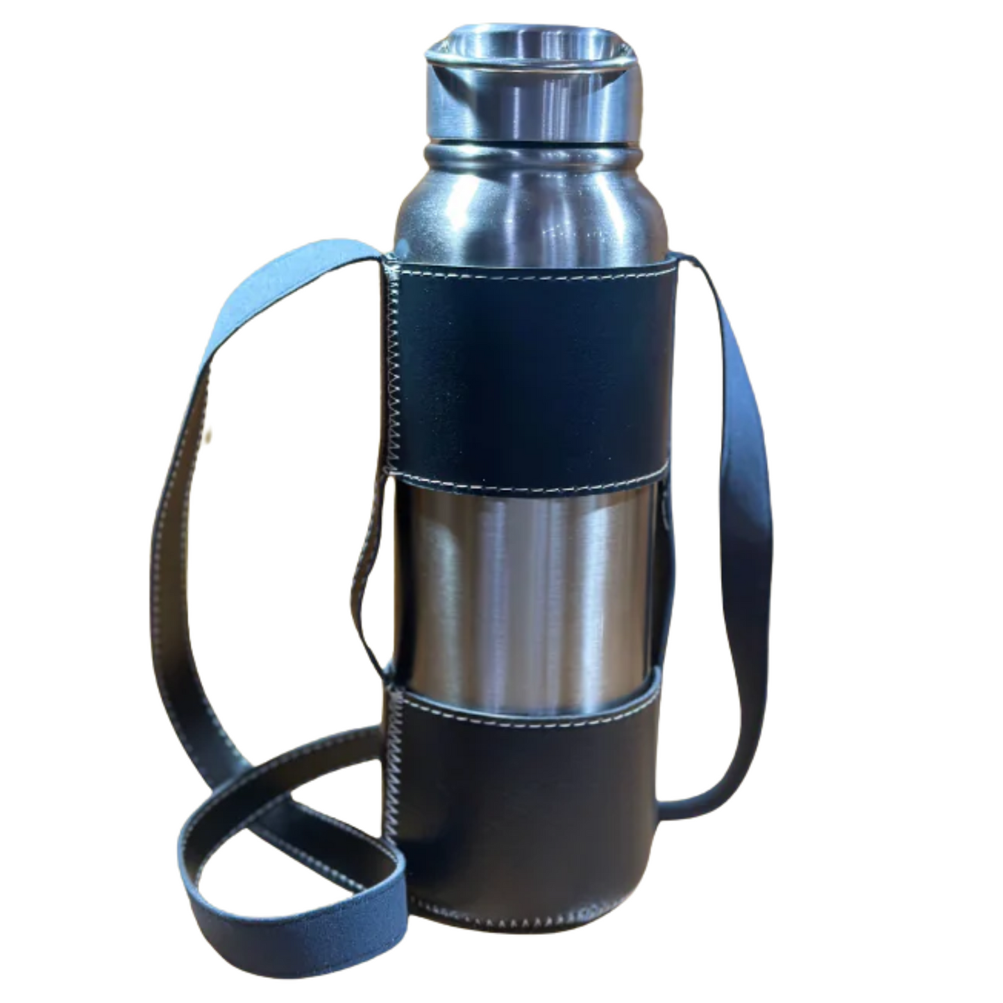 SS Vacuum Bottle with Black Leather Pouch & Strap 1100ml