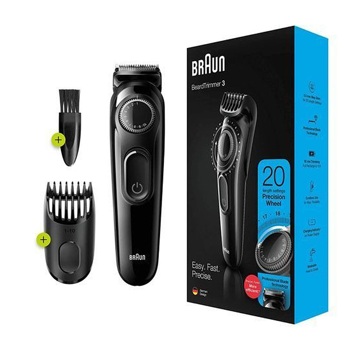 Braun Beard Trimmer 3, Rechargeable, 20 Length Settings, Black, BT-3222 osbshop.pk