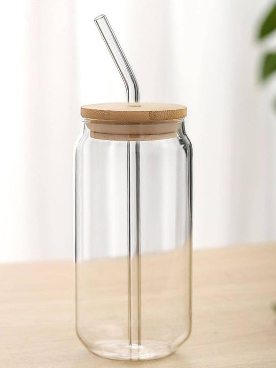 Glass Can Mug with Straw with Wooden Cap One Stop Bazar