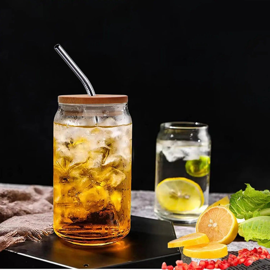 Glass Can Mug with Straw with Wooden Cap - osbshop.pk