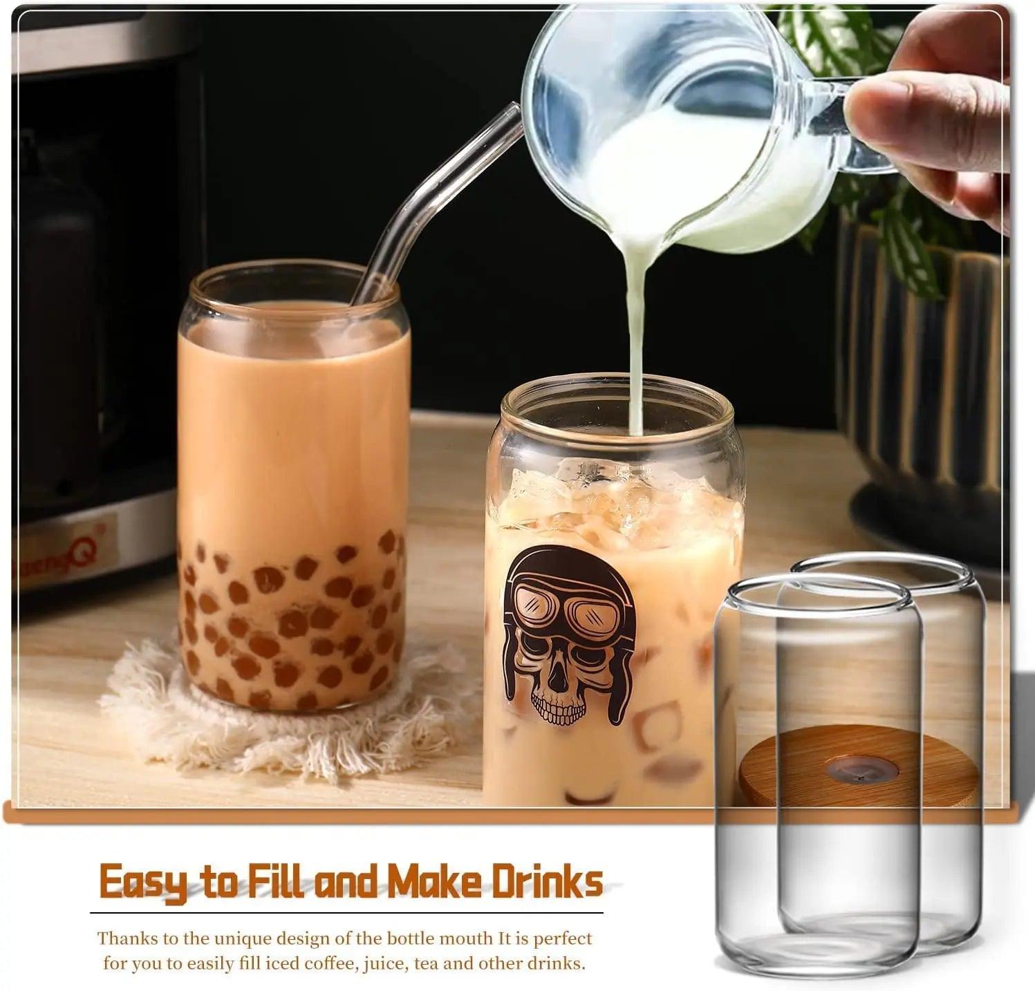 Glass Can Mug with Straw with Wooden Cap - osbshop.pk