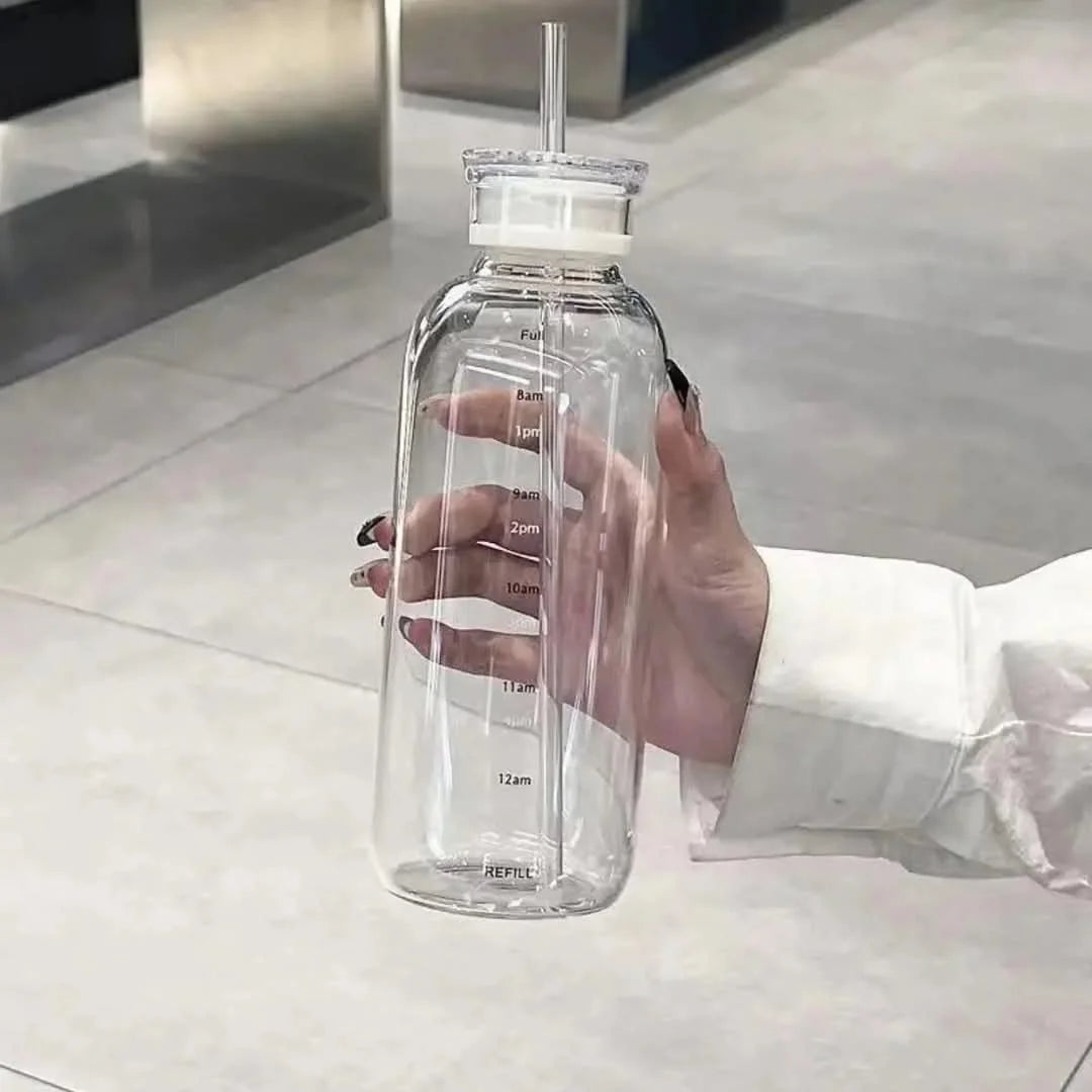 Transparent Glass Bottle with Straw osbshop.pk