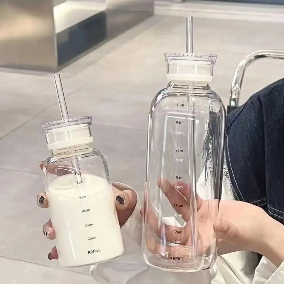 Transparent Glass Bottle with Straw osbshop.pk