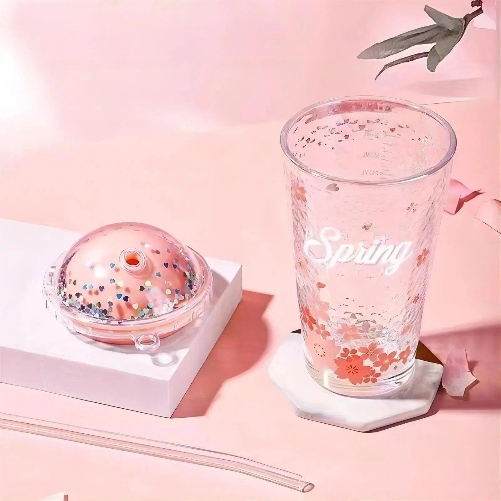 Premium Pink Flower Glass Tumbler - osbshop.pk