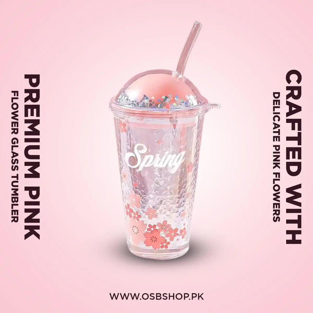 Premium Pink Flower Glass Tumbler - osbshop.pk