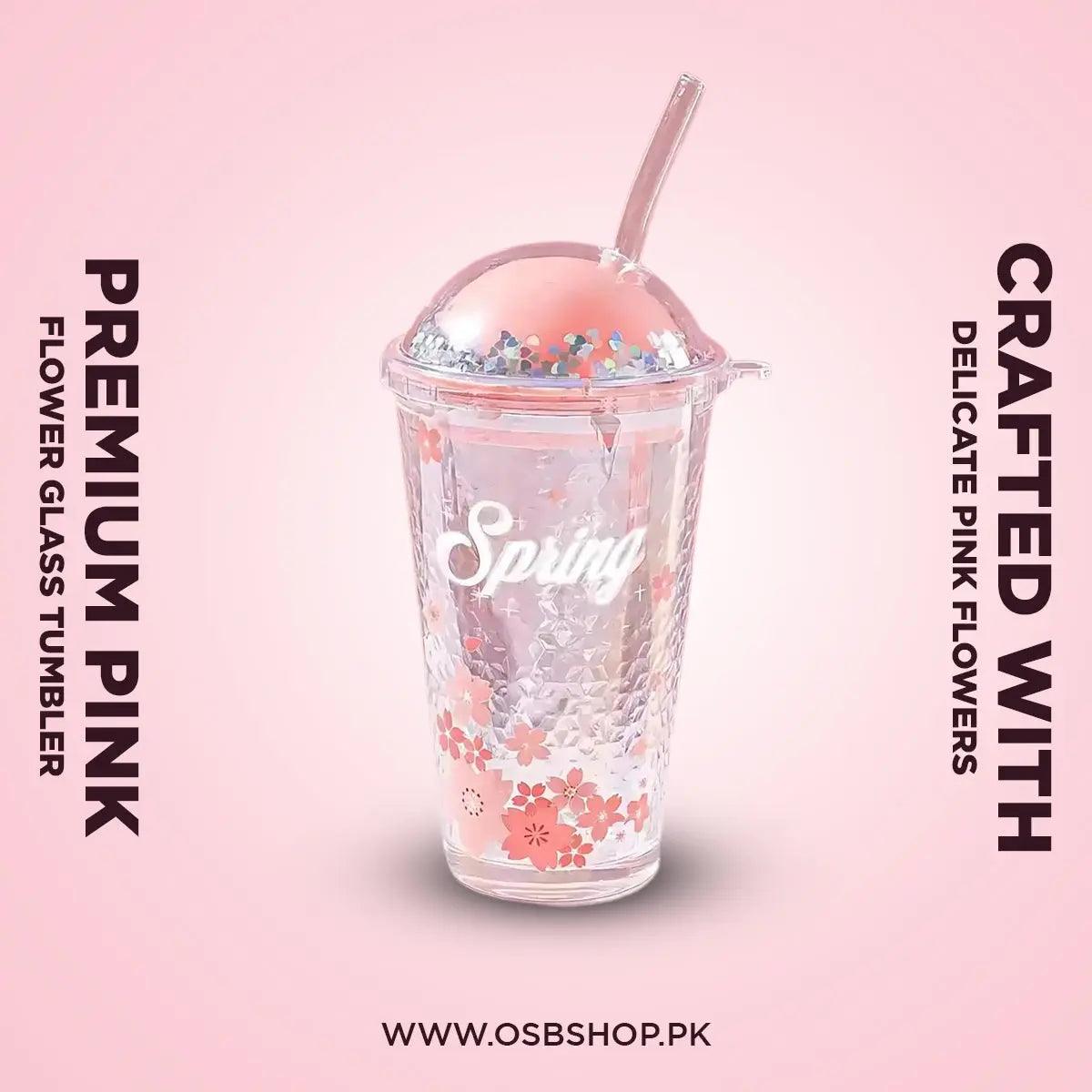 Premium Pink Flower Glass Tumbler - osbshop.pk