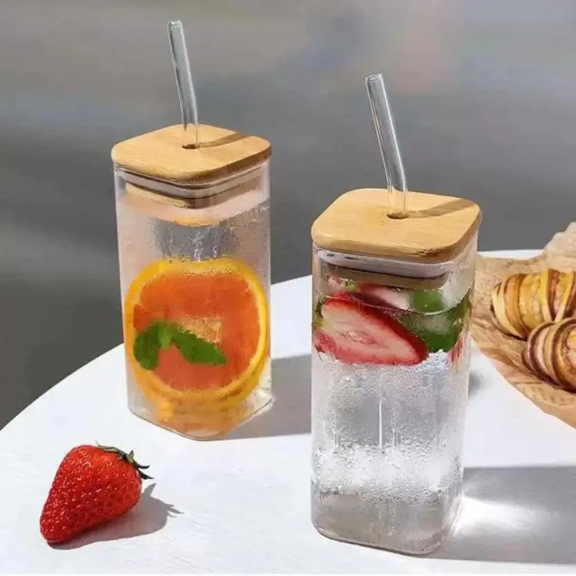 Square Glass Tumbler with Glass Straw - osbshop.pk