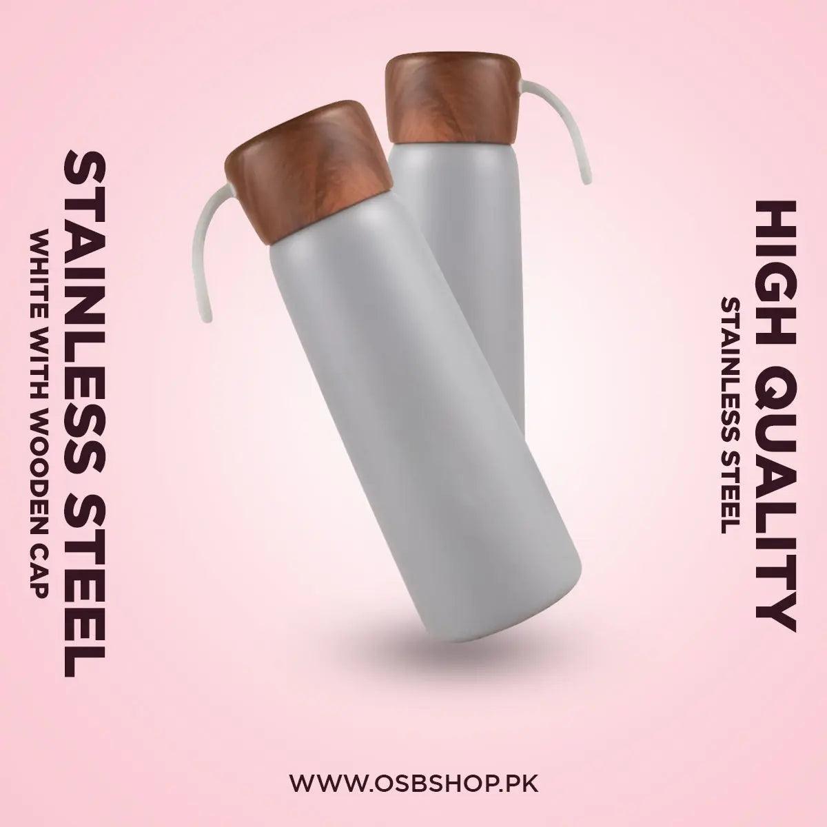 White Stainless Steel Bottle With Wooden Cap - osbshop.pk
