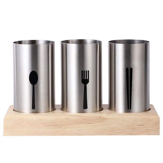 Cutlery Holder with Wood Base 3pc