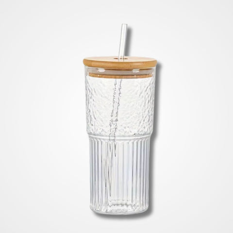 Ribbed Glass tumbler With Lid and Straw osbshop.pk