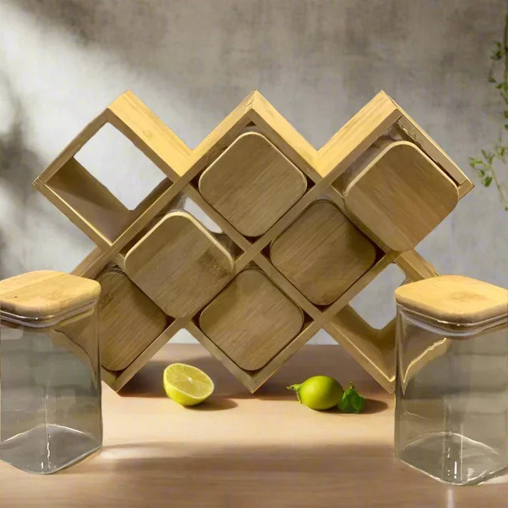 Bamboo Glass Storage Rack 8 Bottles osbshop.pk