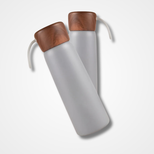 White Stainless Steel Bottle With Wooden Cap One Stop Bazar