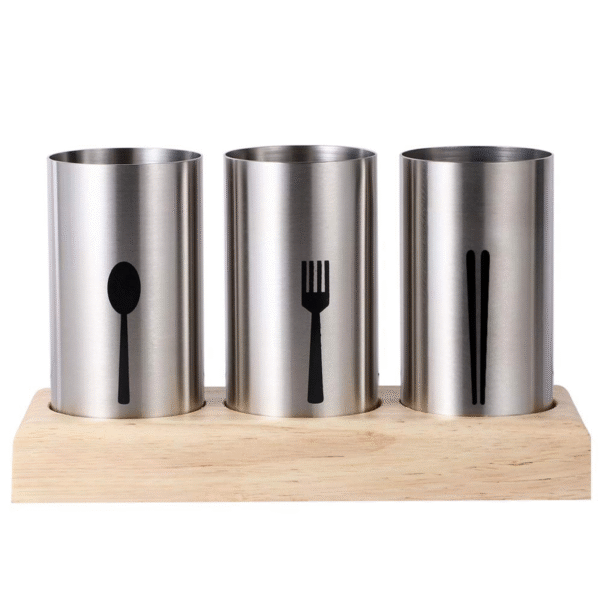 Cutlery Holder with Wood Base 3pc